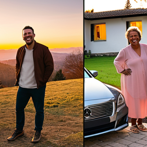Home 16 **"True Happiness vs. Materialism":** A split image. On the left, a person stands stiffly next to a luxury car and a large, modern house, their expression hinting at emptiness or dissatisfaction despite material wealth. On the right, the same person (or a similar figure) is genuinely smiling and laughing while enjoying a simple, warm moment, such as sharing a meal with friends/family in a cozy setting, or observing a beautiful sunset in nature. The right side should exude warmth, genuine connection, and inner peace, contrasting with the colder, more detached feel of the left. Focus on human emotion and natural light.