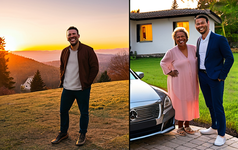 **"True Happiness vs. Materialism":** A split image. On the left, a person stands stiffly next to a luxury car and a large, modern house, their expression hinting at emptiness or dissatisfaction despite material wealth. On the right, the same person (or a similar figure) is genuinely smiling and laughing while enjoying a simple, warm moment, such as sharing a meal with friends/family in a cozy setting, or observing a beautiful sunset in nature. The right side should exude warmth, genuine connection, and inner peace, contrasting with the colder, more detached feel of the left. Focus on human emotion and natural light.