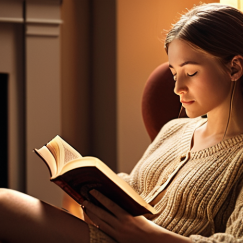 Home 15 **
A serene individual sitting comfortably in a cozy armchair, deeply engrossed in reading a book. Soft, warm lighting illuminates the scene, emphasizing the relaxed atmosphere. The background should be subtly blurred, focusing attention on the reader and the book, conveying a sense of peace and tranquility.
**