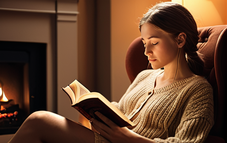 **
A serene individual sitting comfortably in a cozy armchair, deeply engrossed in reading a book. Soft, warm lighting illuminates the scene, emphasizing the relaxed atmosphere. The background should be subtly blurred, focusing attention on the reader and the book, conveying a sense of peace and tranquility.
**