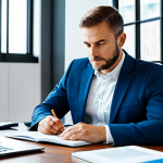 A professional individual in a modest business suit, sitting comfortably at a sleek, modern office desk, engaged in deep thought, surrounded by open books and a laptop displaying a vibrant data visualization. They have a focused yet serene expression, embodying a growth mindset and continuous learning. The background is a brightly lit, contemporary workspace with large windows showcasing a cityscape. The scene conveys innovation and dedication. Fully clothed, appropriate attire, professional dress, safe for work, appropriate content, perfect anatomy, correct proportions, natural pose, well-formed hands, proper finger count, natural body proportions, high-quality professional photography.