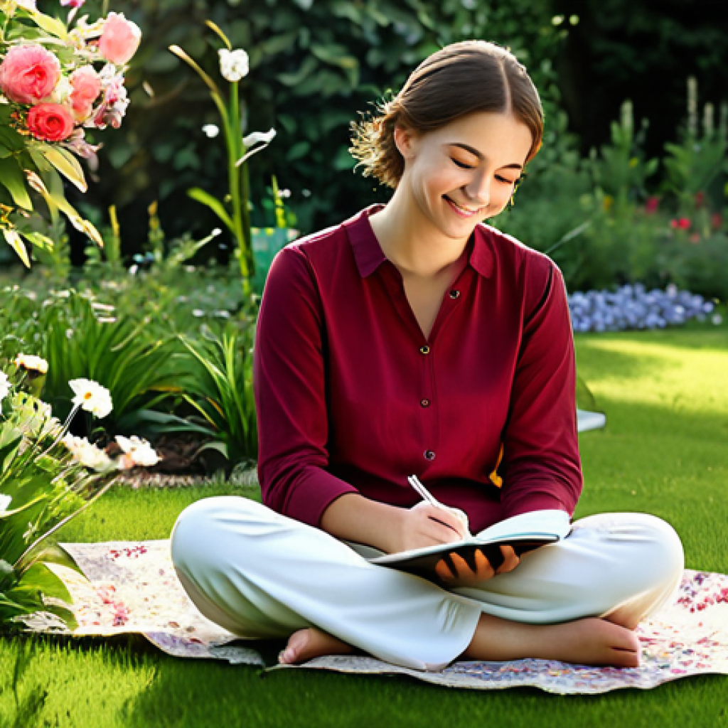 "Reflection and Gratitude"**
A fully clothed woman is sitting peacefully in a serene garden, journaling with a smile. She is surrounded by blooming flowers and lush greenery, wearing a modest, comfortable outfit. The scene is bathed in soft, warm light. Perfect anatomy, correct proportions, well-formed hands, natural pose, safe for work, appropriate content, fully clothed, professional, family-friendly. High quality, detailed environment, realistic rendering.
**