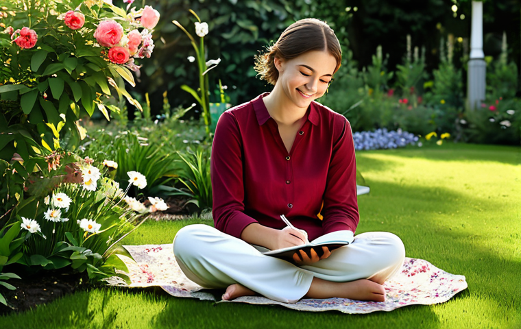 "Reflection and Gratitude"**

A fully clothed woman is sitting peacefully in a serene garden, journaling with a smile. She is surrounded by blooming flowers and lush greenery, wearing a modest, comfortable outfit. The scene is bathed in soft, warm light. Perfect anatomy, correct proportions, well-formed hands, natural pose, safe for work, appropriate content, fully clothed, professional, family-friendly. High quality, detailed environment, realistic rendering.

**
