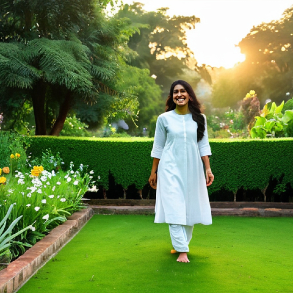 **
A serene woman in modest Indian clothing, fully clothed, walking barefoot on a lush green lawn in her garden at sunrise. Healthy plants and flowers surround her. She is smiling peacefully. Safe for work, appropriate content, family-friendly, perfect anatomy, natural proportions, high quality, professional photography.
**