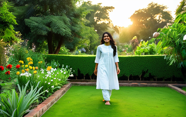 **

A serene woman in modest Indian clothing, fully clothed, walking barefoot on a lush green lawn in her garden at sunrise. Healthy plants and flowers surround her. She is smiling peacefully. Safe for work, appropriate content, family-friendly, perfect anatomy, natural proportions, high quality, professional photography.

**