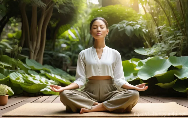 행복한 성격으로 변화하는 법 - **A serene individual meditating in a lush, sun-drenched garden.** The person, of ambiguous gender, ...