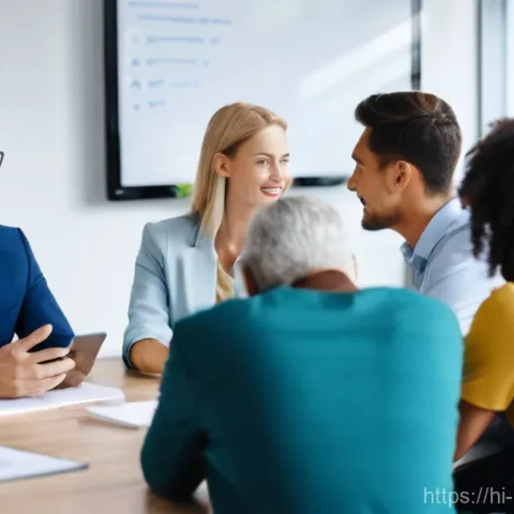 행복을 위한 직장 내 소통 증진법 - **Prompt for Clear Communication and Active Listening:**
"A vibrant, well-lit office meeting roo...