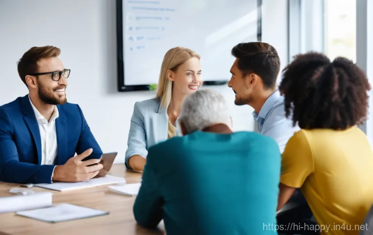 행복을 위한 직장 내 소통 증진법 - **Prompt for Clear Communication and Active Listening:**
"A vibrant, well-lit office meeting roo...