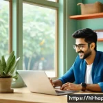 행복한 사람들의 일하는 방식 - A cheerful Indian office worker sitting at a clean, colorful desk with positive inspirational quotes...