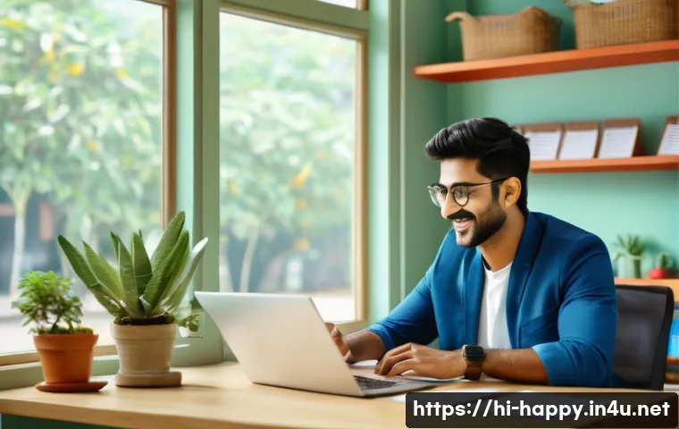 행복한 사람들의 일하는 방식 - A cheerful Indian office worker sitting at a clean, colorful desk with positive inspirational quotes...