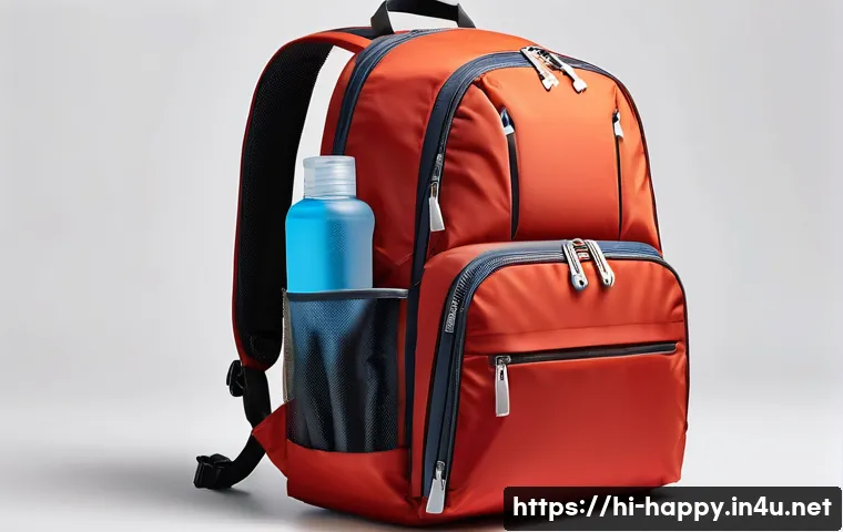 행복을 위한 여행 아이템 - A lightweight, ergonomic travel backpack made of waterproof material, displayed on a neutral backgro...