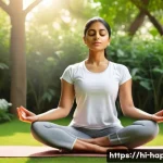 행복한 사람들의 삶의 비밀 - A serene morning scene featuring a young Indian woman practicing yoga and meditation in a peaceful g...