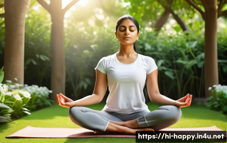 행복한 사람들의 삶의 비밀 - A serene morning scene featuring a young Indian woman practicing yoga and meditation in a peaceful g...