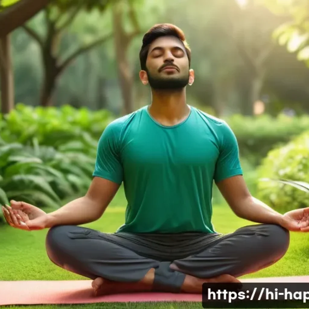 행복을 위한 스트레스 관리 워크숍 - A serene scene of a young Indian man practicing deep breathing exercises outdoors in a lush green pa...