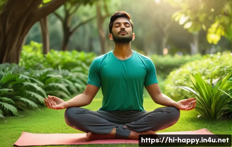행복을 위한 스트레스 관리 워크숍 - A serene scene of a young Indian man practicing deep breathing exercises outdoors in a lush green pa...