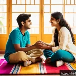 행복한 친구 사귀는 법 - A vibrant scene of two young Indian friends sitting cross-legged on a colorful rug in a cozy living ...