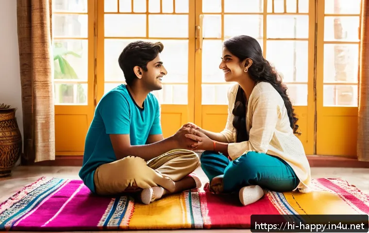 행복한 친구 사귀는 법 - A vibrant scene of two young Indian friends sitting cross-legged on a colorful rug in a cozy living ...