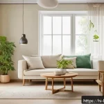 행복을 위한 정리 정돈 - A serene and cozy living room interior bathed in natural daylight streaming through large windows wi...
