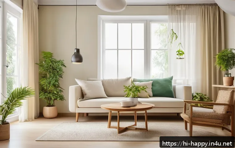 행복을 위한 정리 정돈 - A serene and cozy living room interior bathed in natural daylight streaming through large windows wi...