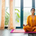 행복한 인생을 위한 미션 - A serene Indian woman practicing meditation in a bright, airy room with soft natural light filtering...