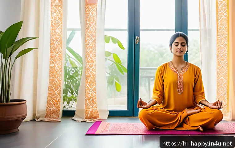 행복한 인생을 위한 미션 - A serene Indian woman practicing meditation in a bright, airy room with soft natural light filtering...