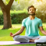 행복한 사람들의 성격 특징 - A peaceful morning scene featuring a young Indian man practicing yoga outdoors in a lush garden surr...