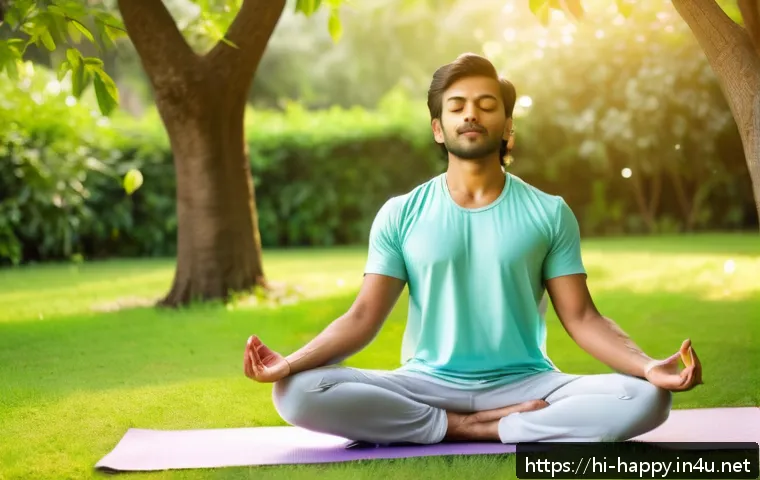 행복한 사람들의 성격 특징 - A peaceful morning scene featuring a young Indian man practicing yoga outdoors in a lush garden surr...