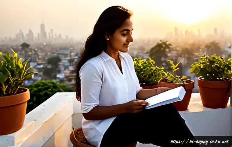행복을 위한 삶의 목적 찾기 - Photorealistic Indian woman in her early 30s sitting peacefully on a rooftop at sunrise, holding a b...