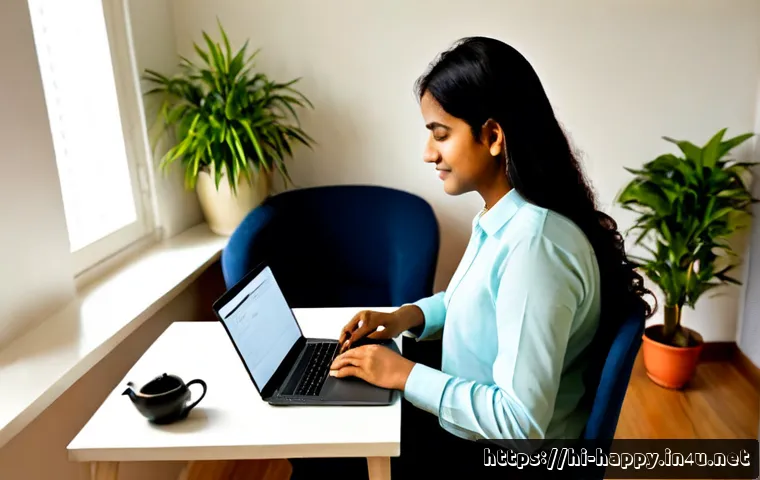 Home 17 행복을 위한 일과 삶의 균형 찾기 - Photorealistic Indian professional in a bright, tidy home office, calmly closing a laptop after work...