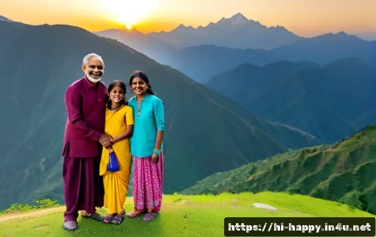행복을 위한 가족 여행 - Photorealistic joyful Indian family on a peaceful mountain vacation, grandparents, parents, and two ...